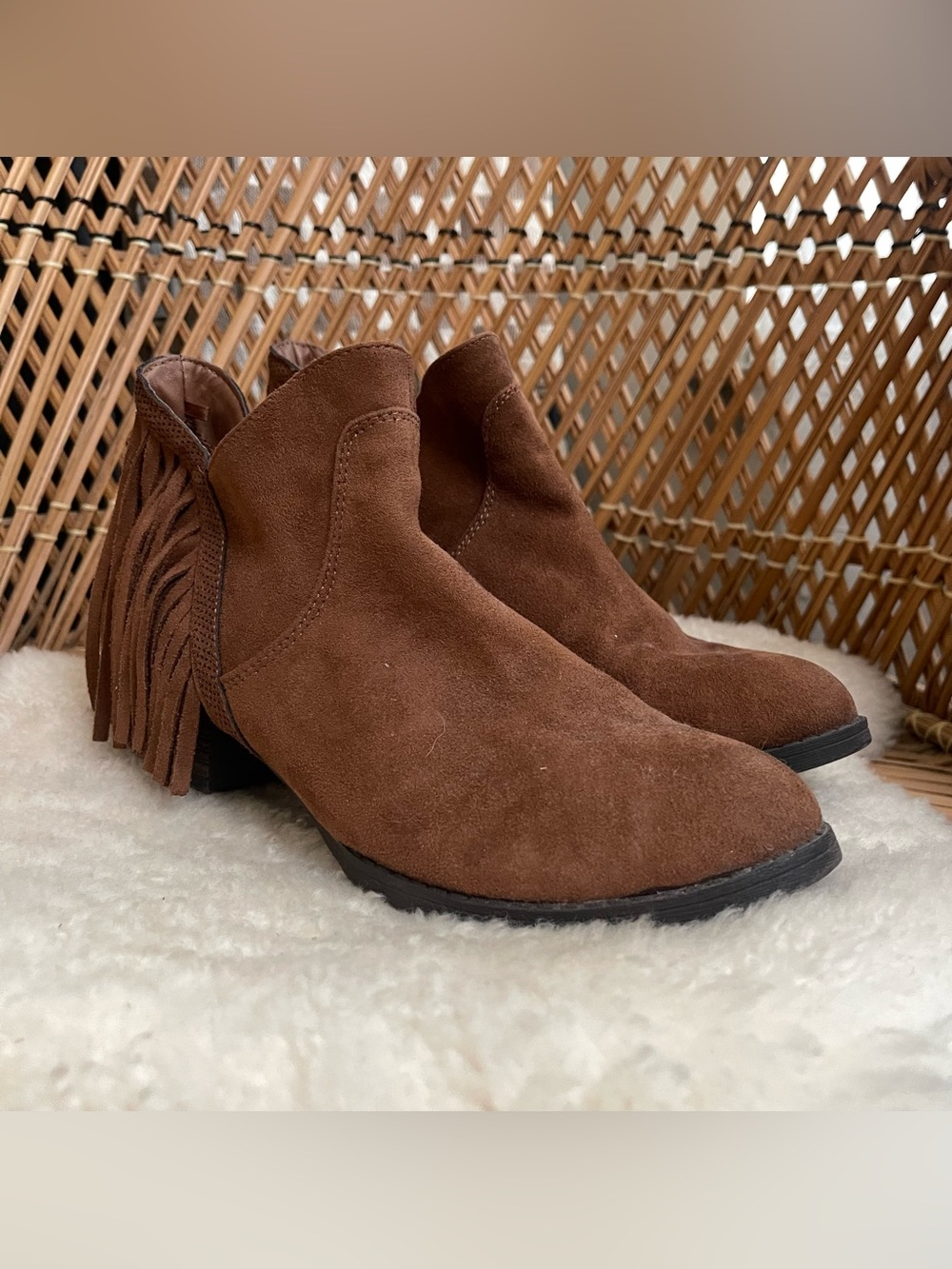 Faded Glory Brown Suede Fringe Ankle Boots - Women